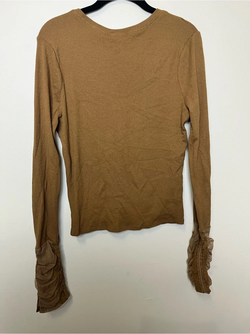 Free People Ruched Waffle Knit Long Sleeve Top in Caramel Brown